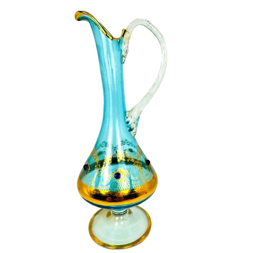 Empoli Italy Glass Aqua Blue Jeweled Decanter Mid Century No Stopper VTG